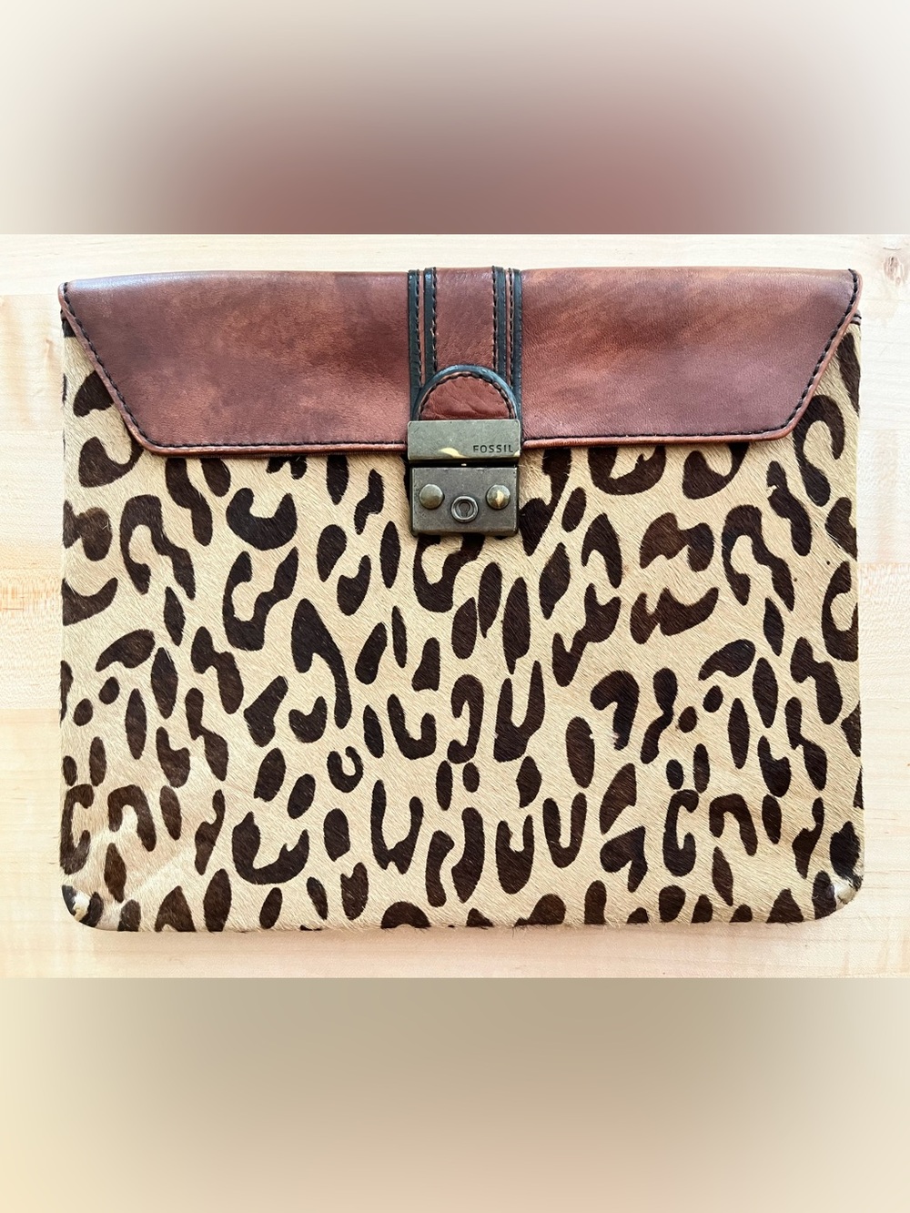 Fossil Vintage Leopard Print Tan/Brown Leather/Cowhair Clutch
